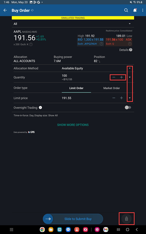 The order parameters on the Android Tablet